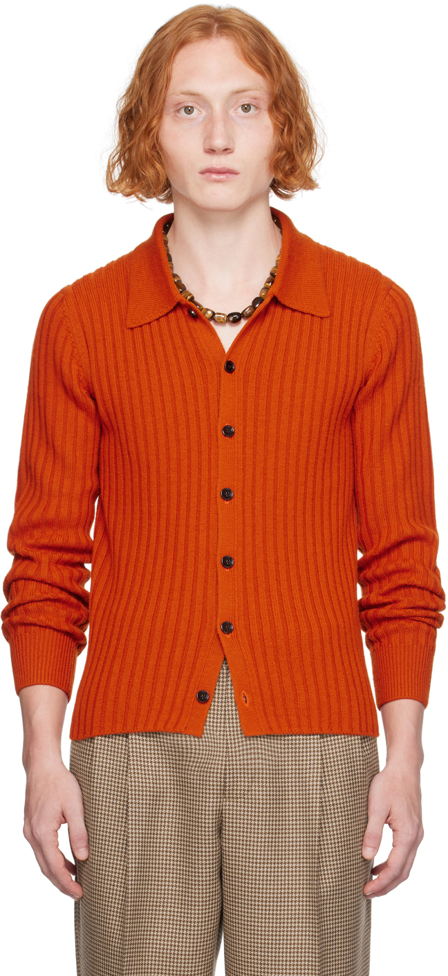 Shop Dries Van Noten Orange Rib Cardigan In Orange 353