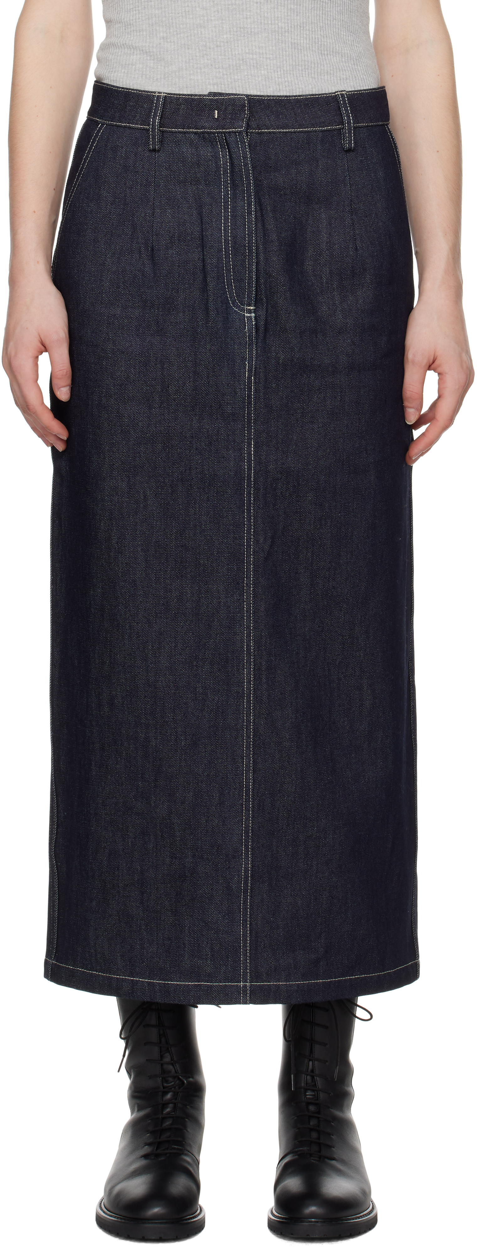 Navy Pencil Denim Midi Skirt