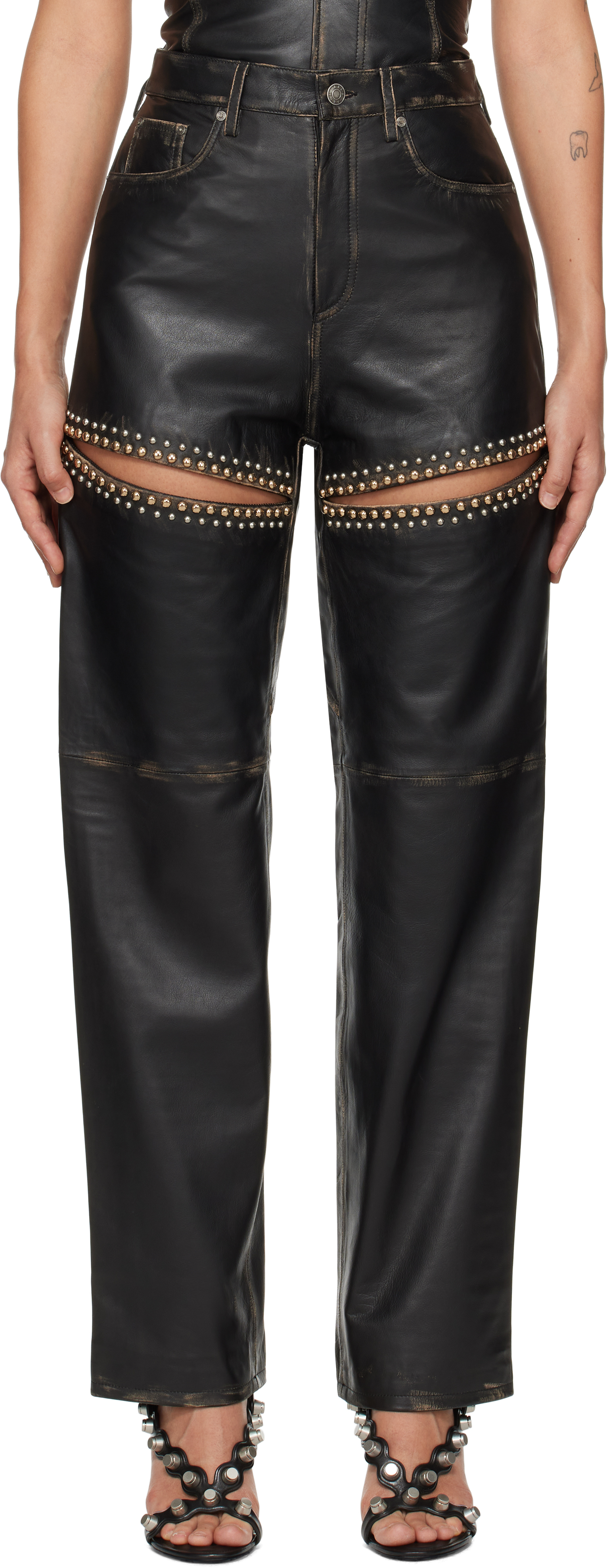 Black Studded Slit Leather Pants