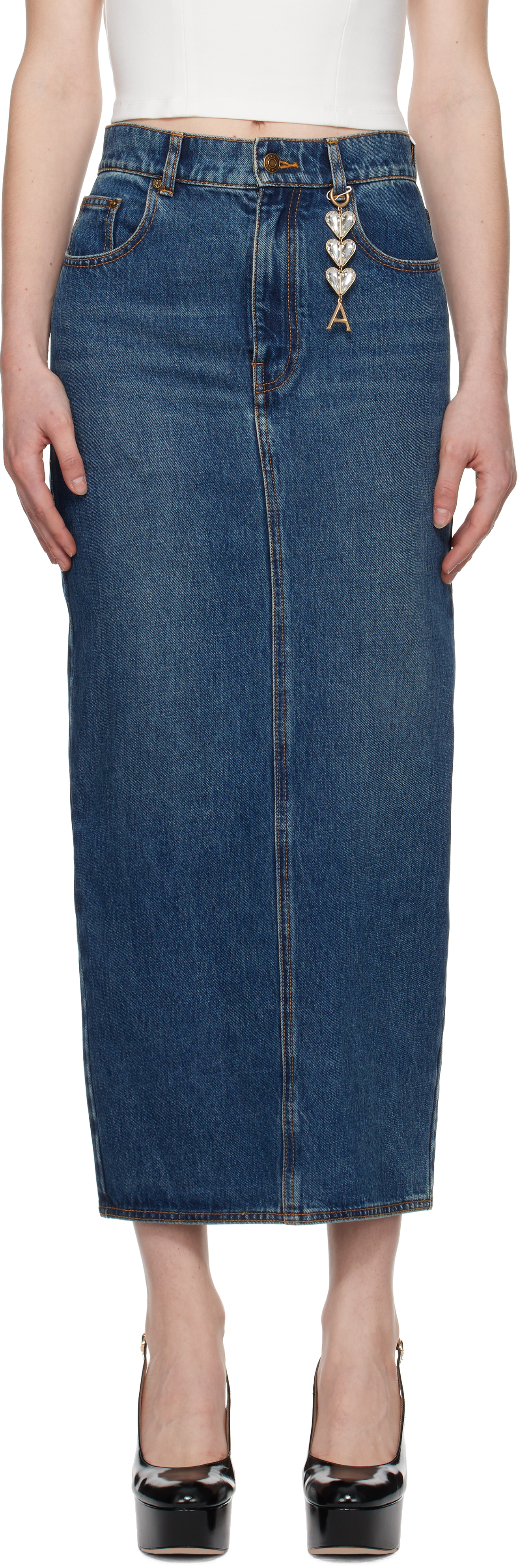 Blue Zip Slit Denim Midi Skirt