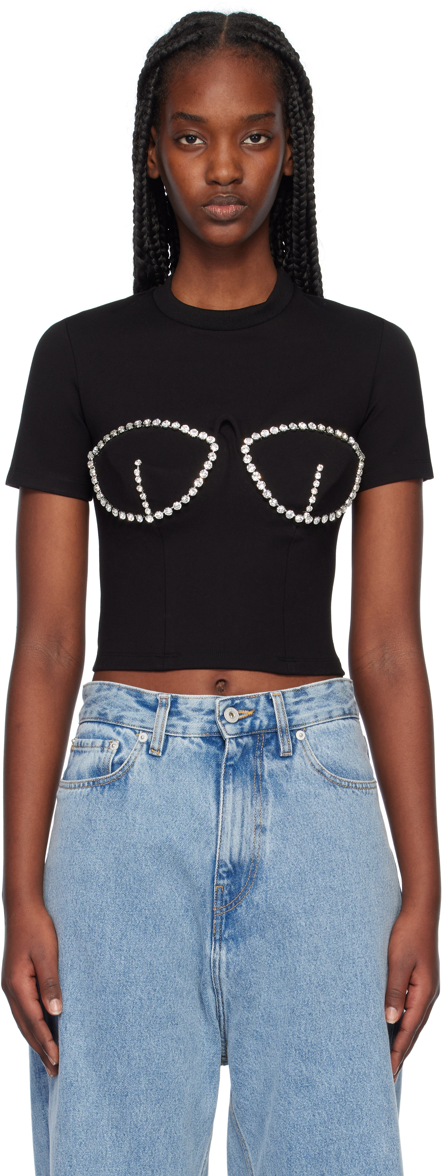 【関税込み】AREA ブラック Bustier Cup ラインストーン Tシャツ AREAのブラック Bustier Cup ラインストーン Tシャツがセール中