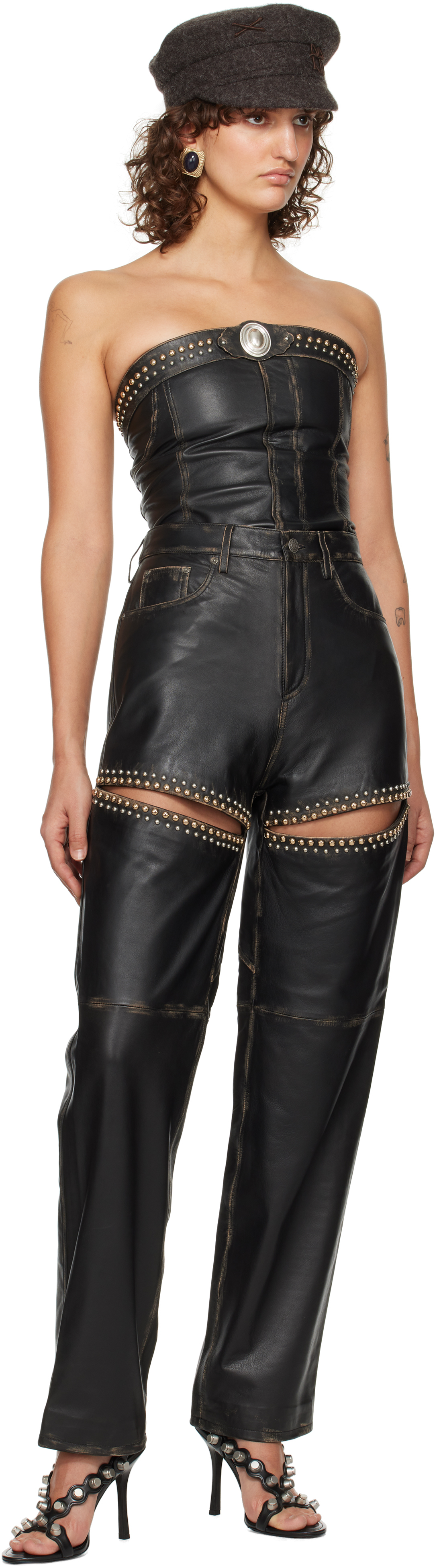 AREA BLACK STUDDED LEATHER STRAPLESS TOP 
