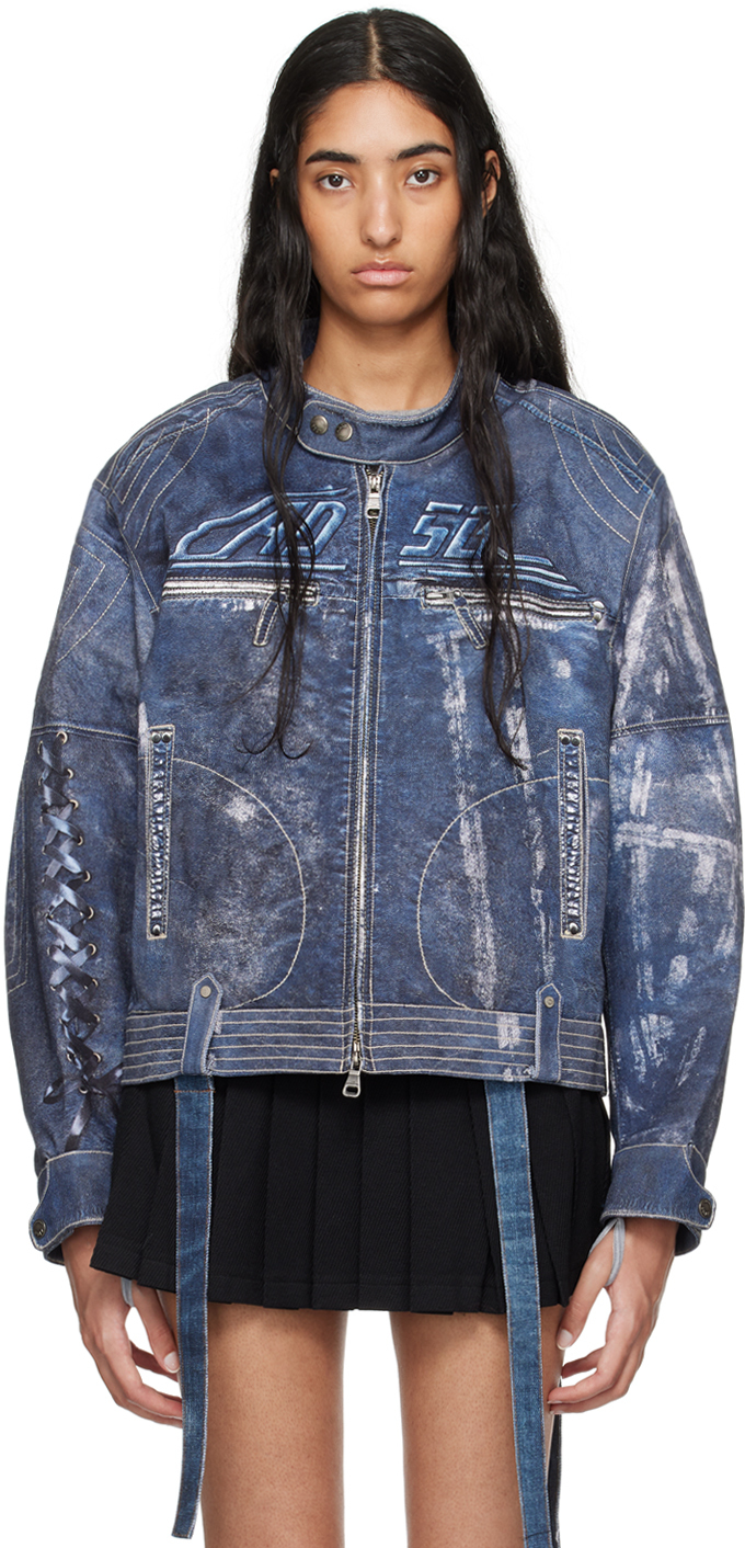 Shop Andersson Bell Navy Trompe L'œil Rider Denim Jacket