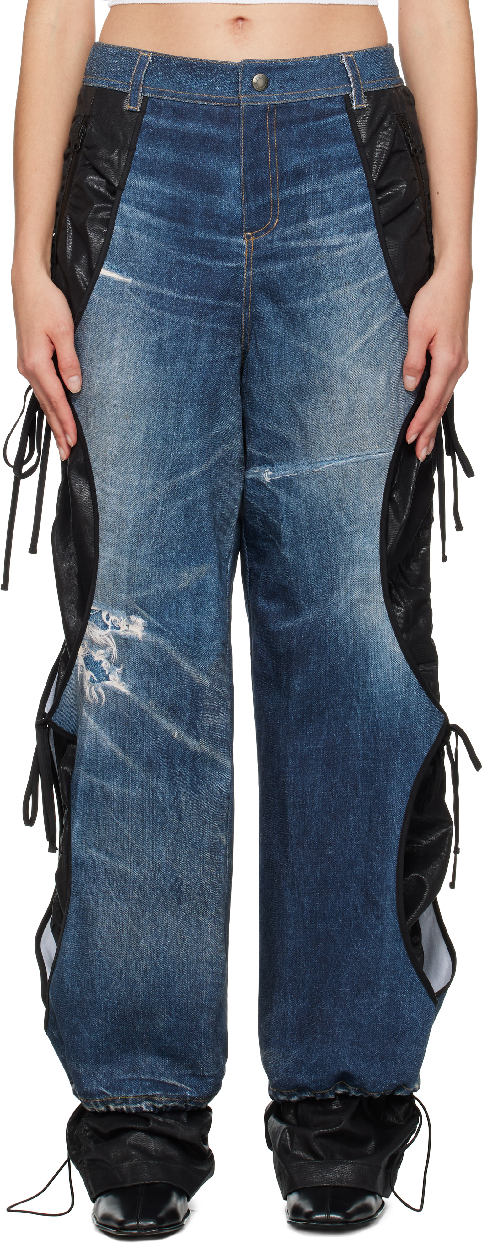 Blue & Black Trompe L'ail Layered Tying Jeans