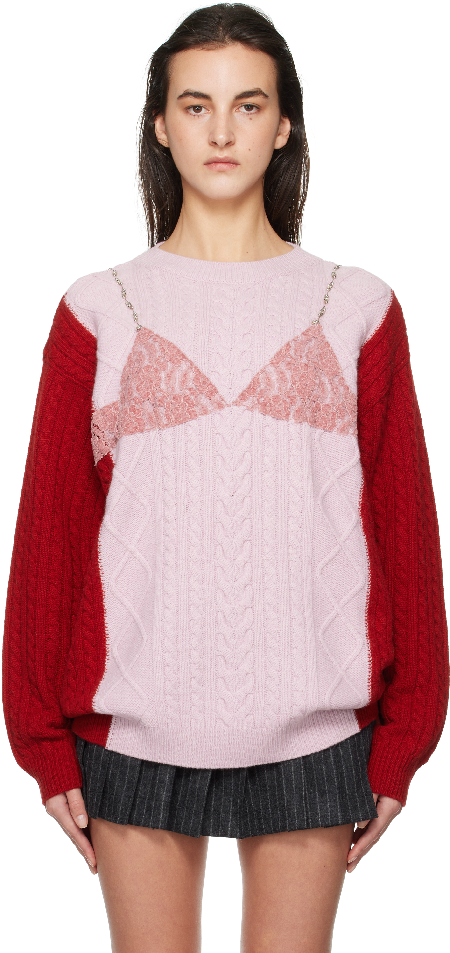 Pink & Red Lace Lingerie Boyfriend Knit Sweater