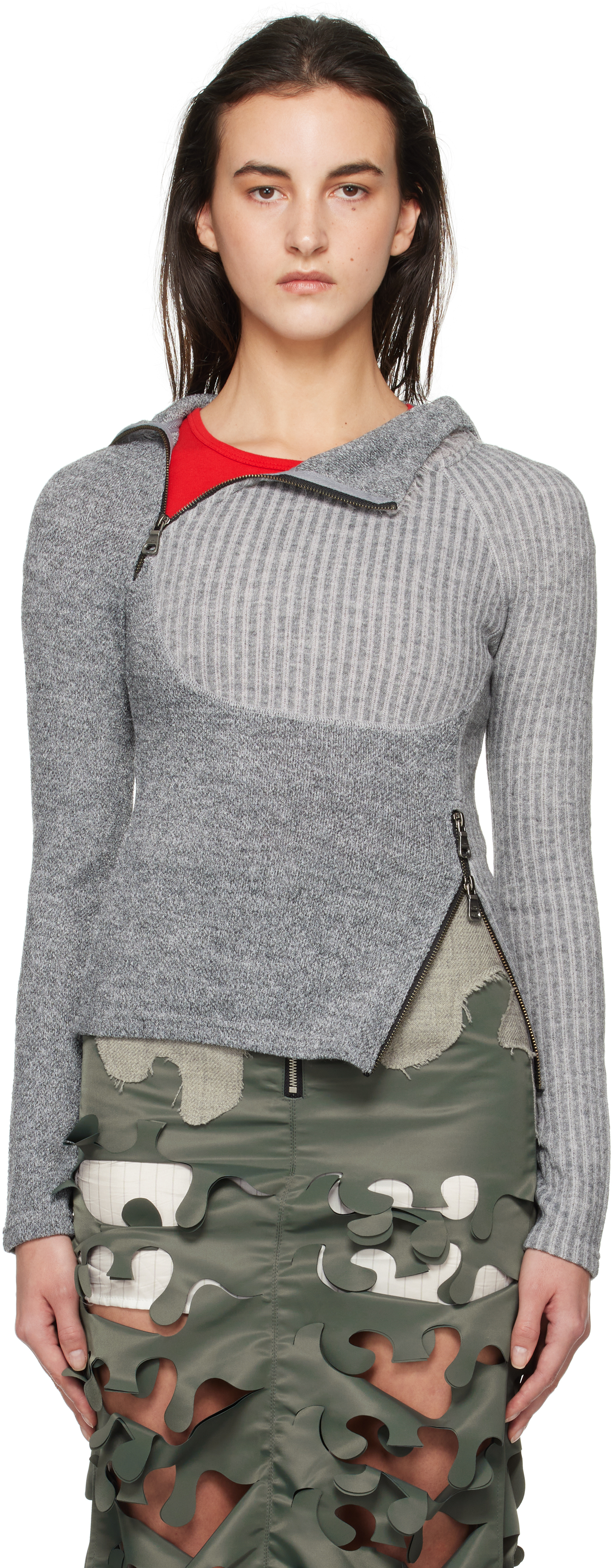 Gray Tight Ribbed Combination Hoodie