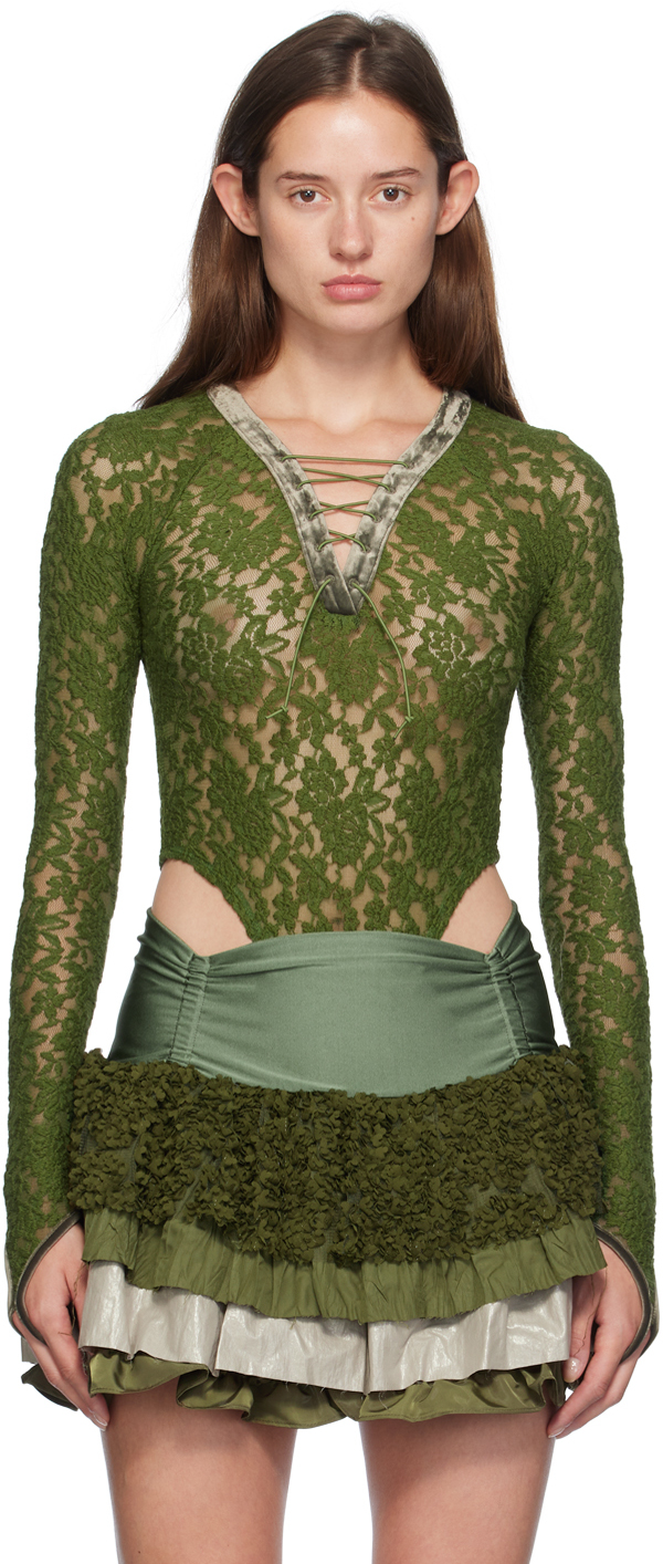 Shop Andersson Bell Green Rose Lace Bodysuit In Khaki