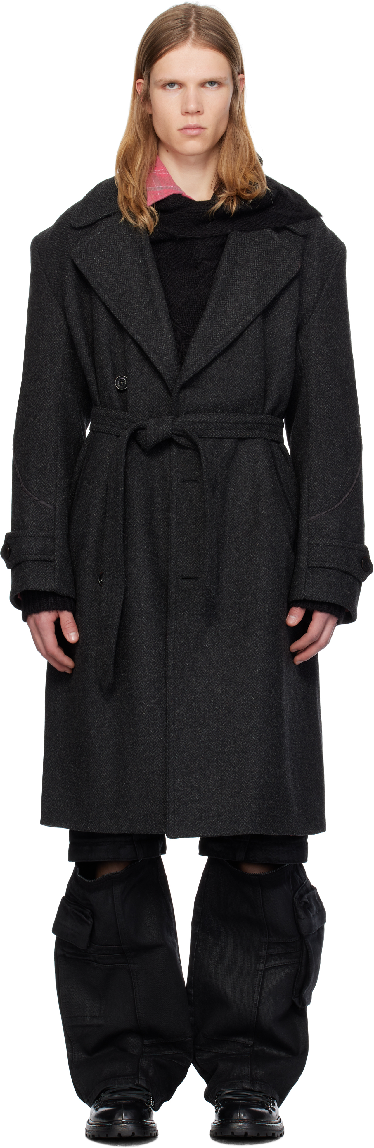 Andersson Bell Gray Rovy Double-breasted Herringbone Trench Coat In Charcoal