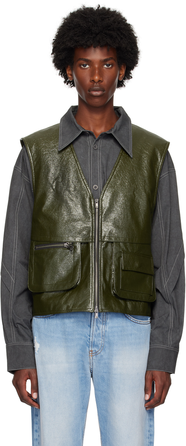 Shop Andersson Bell Green Tonny Zip-up Faux-leather Vest In Khaki