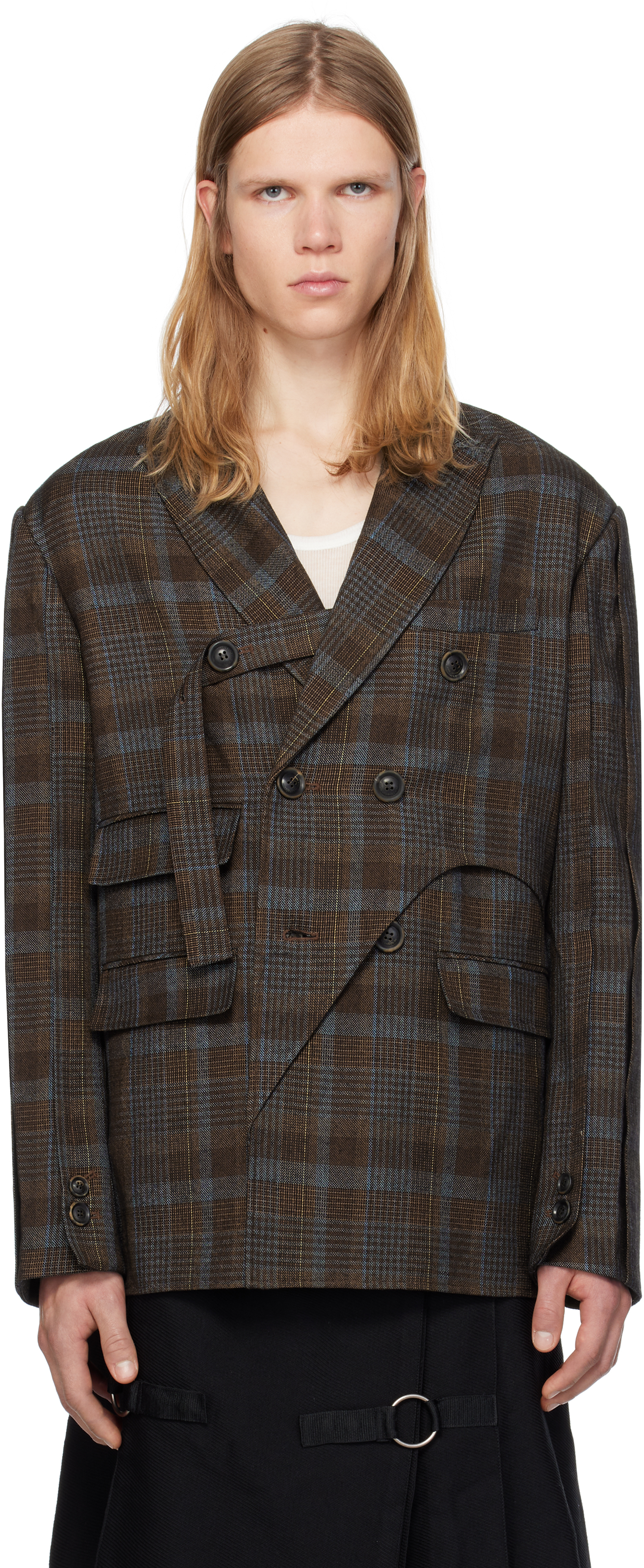 Shop Andersson Bell Brown Soe Check Wrap Double-breasted Blazer