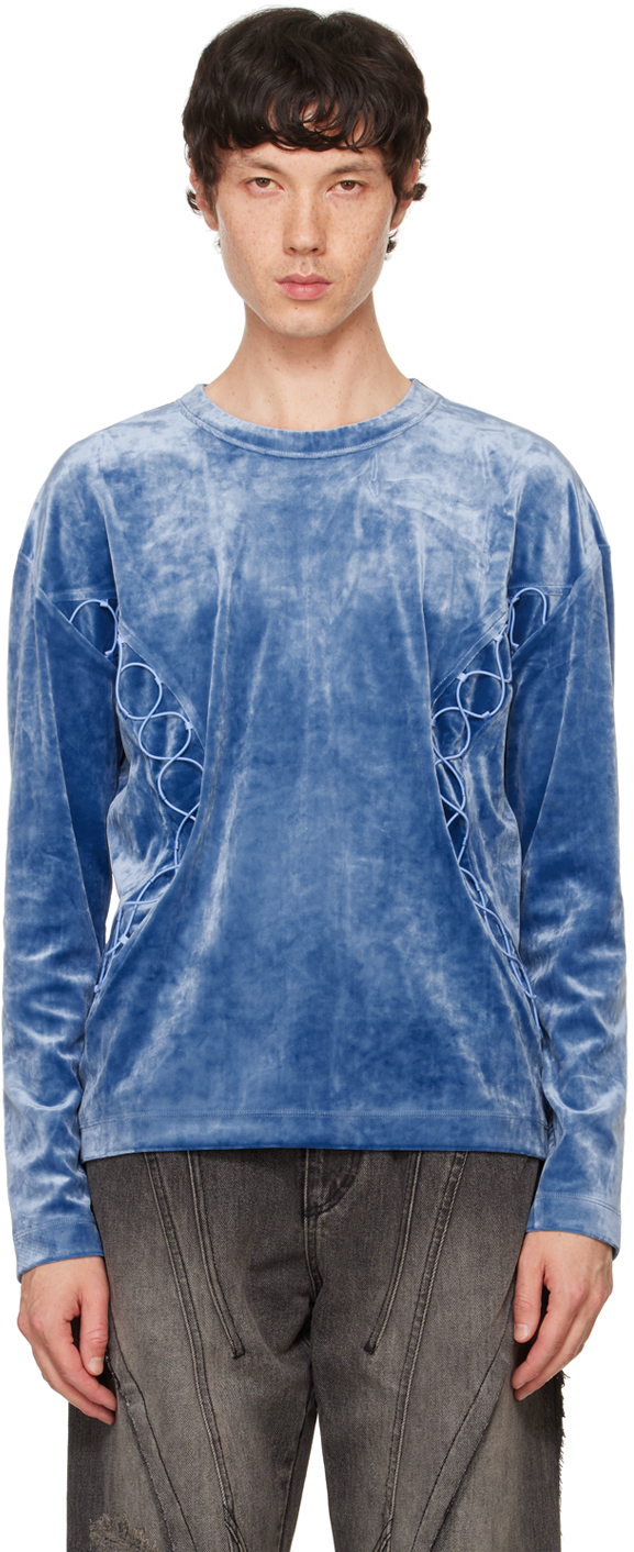 Shop Andersson Bell Blue Velvet Lace-up Sweater