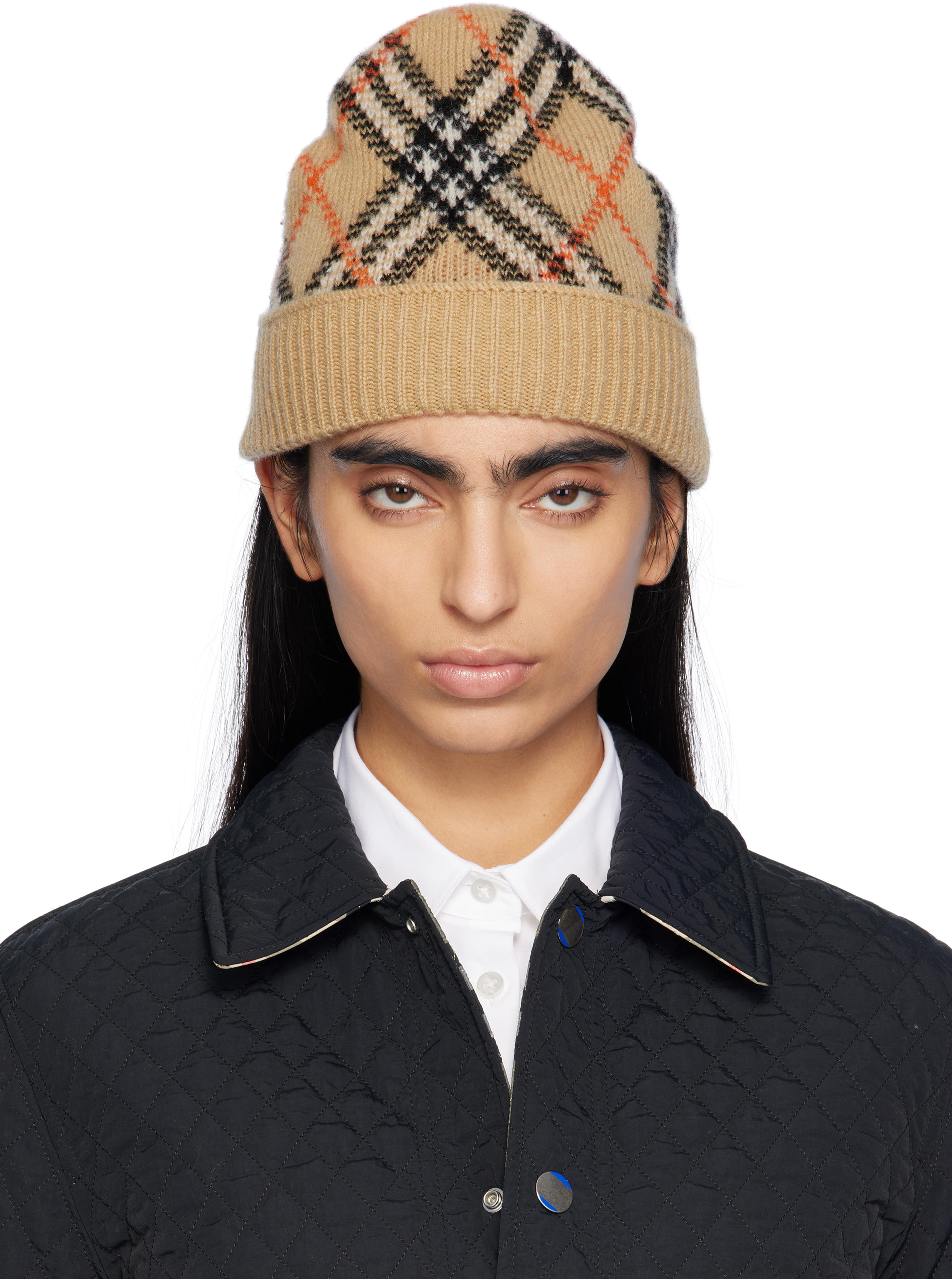 Shop Burberry Beige Check Cashmere Beanie In Sand