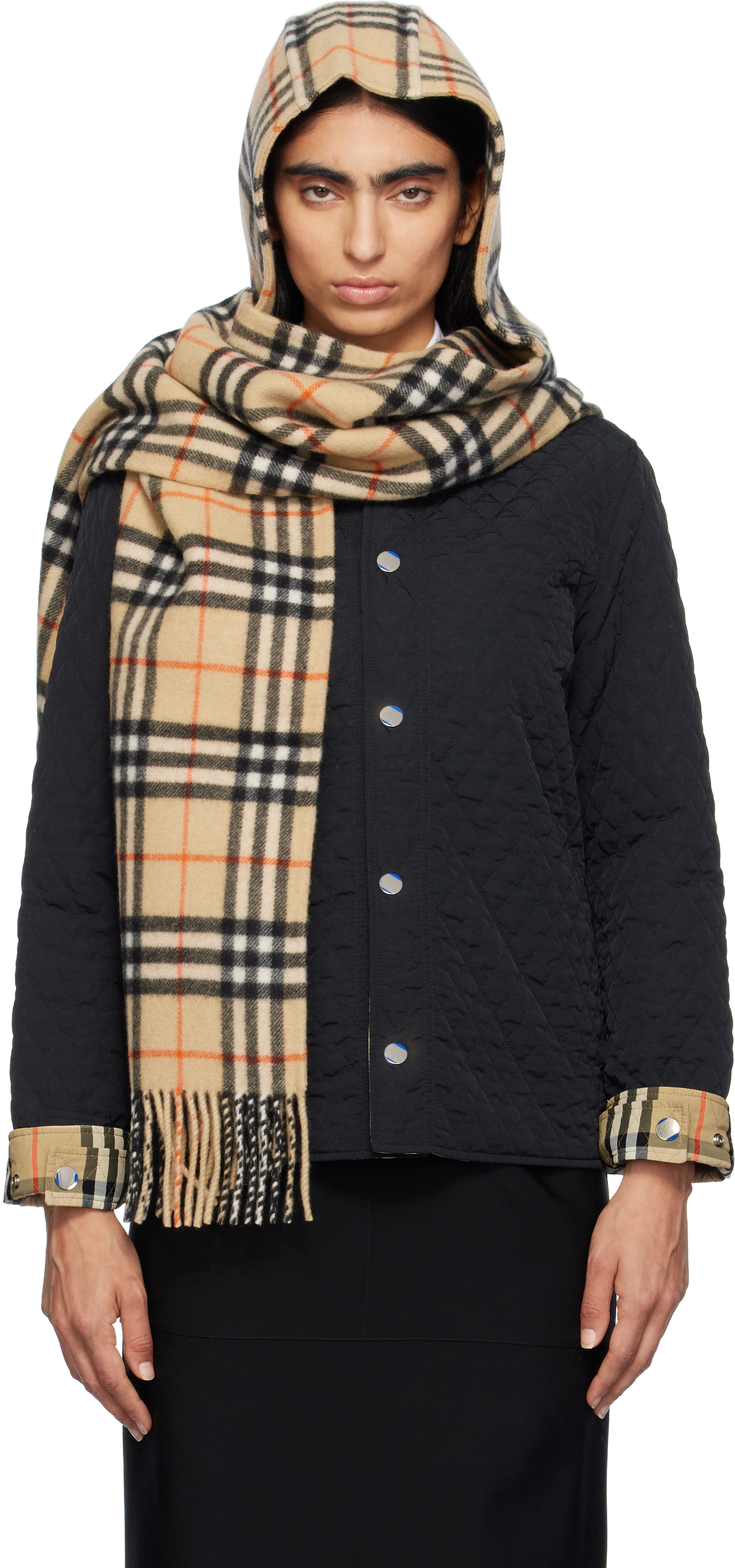 Shop Burberry Beige Check Cashmere Hooded Scarf In Sand