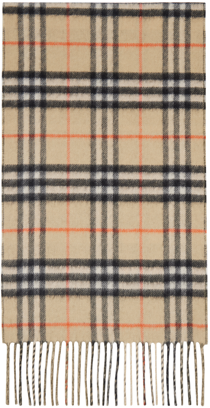 Beige & Khaki Reversible Check Cashmere Scarf