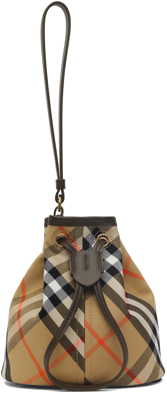 Beige Mini Drawstring Check Pouch