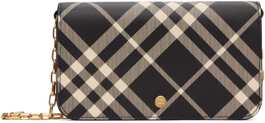 Shop Burberry ブラック＆オフホワイト チェック チェーンストラップ ウォレットバッグ In Black/calico