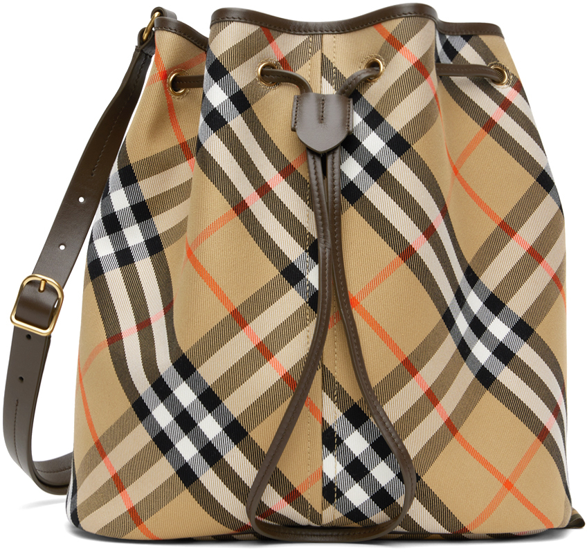 Beige Jacquard Check Drawstring Bucket Bag