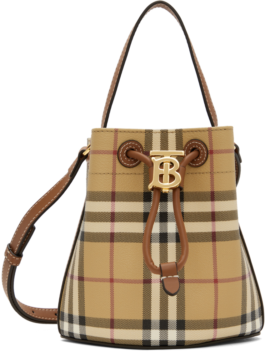 Shop Burberry ベージュ ミニ Tb バケットバッグ In Vntg Chk/briar Brown