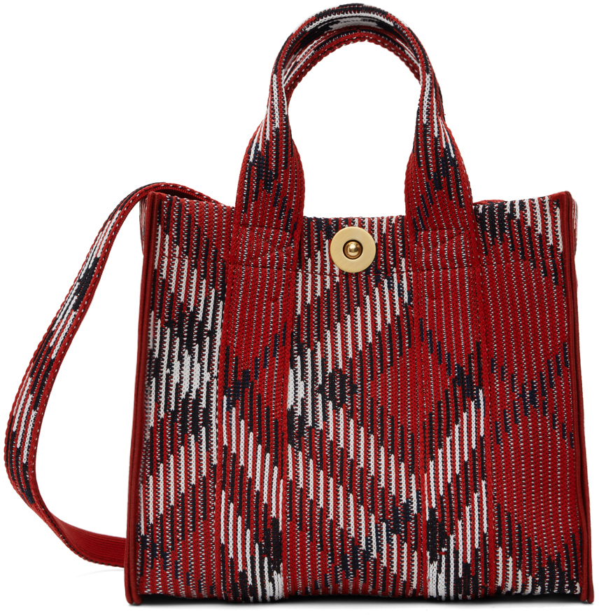 Shop Burberry レッド ミニ チェック ニット トートバッグ In Scarlet