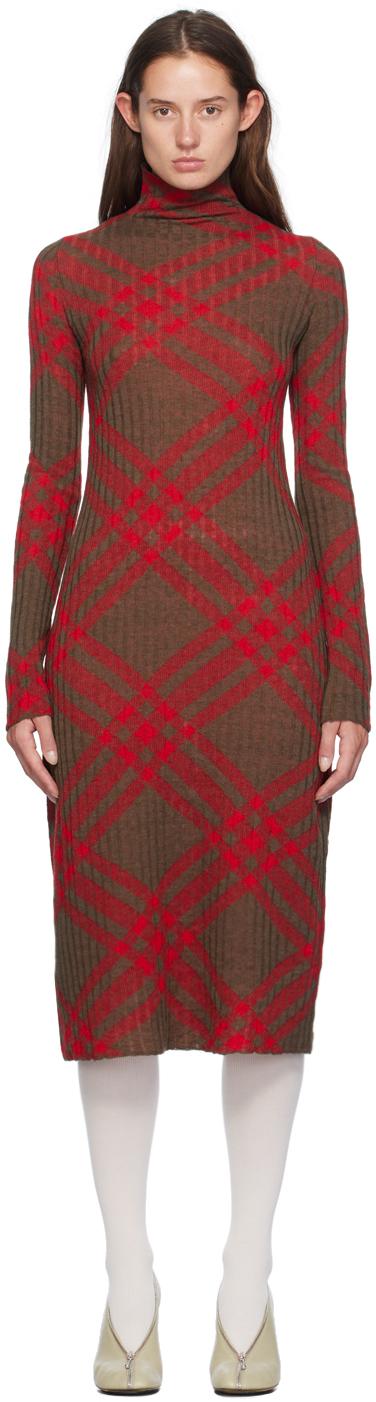 Red & Brown Check Midi Dress