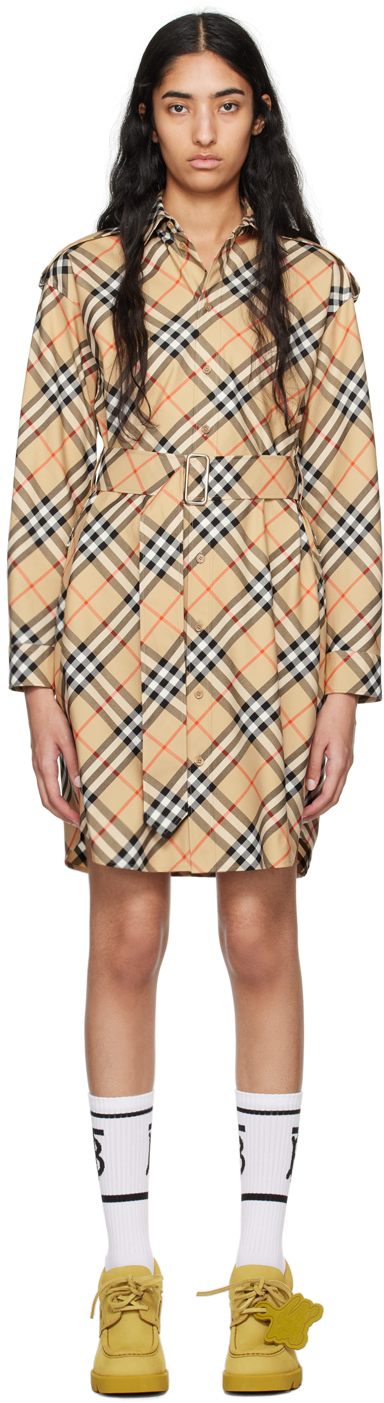 Beige Check Shirt Midi Dress