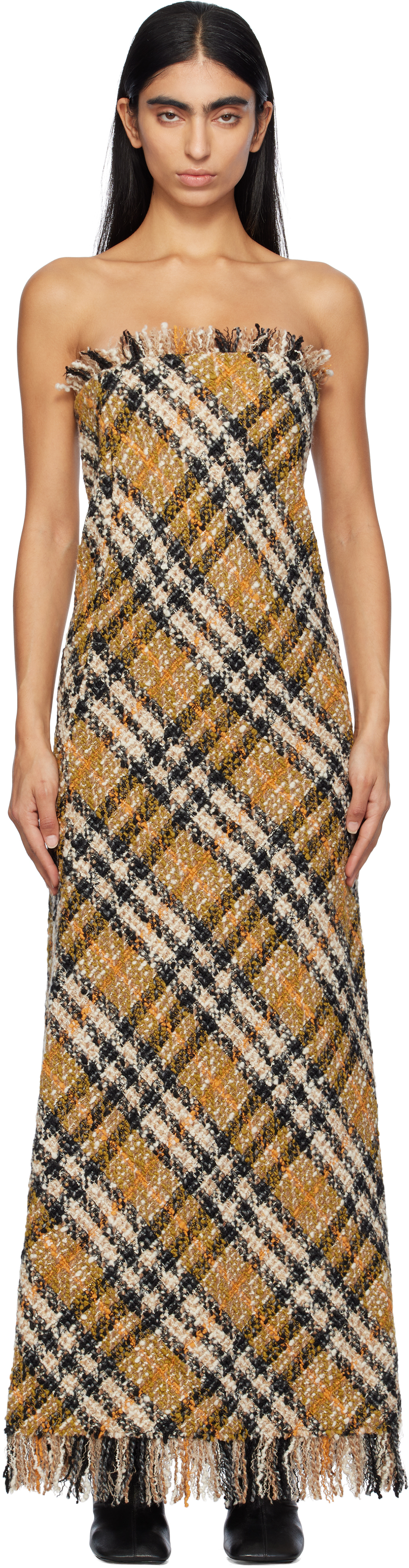 Beige Check Wool Maxi Dress