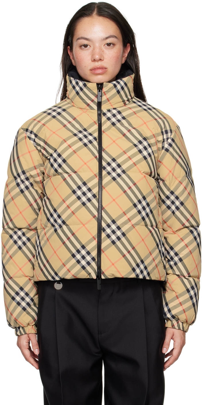 Shop Burberry Beige Check Reversible Down Jacket In B9368 Sand Ip Check