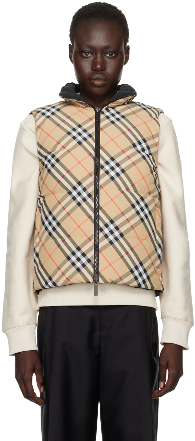 Shop Burberry Beige Reversible Check Nylon Down Vest In B9368 Sand Ip Check