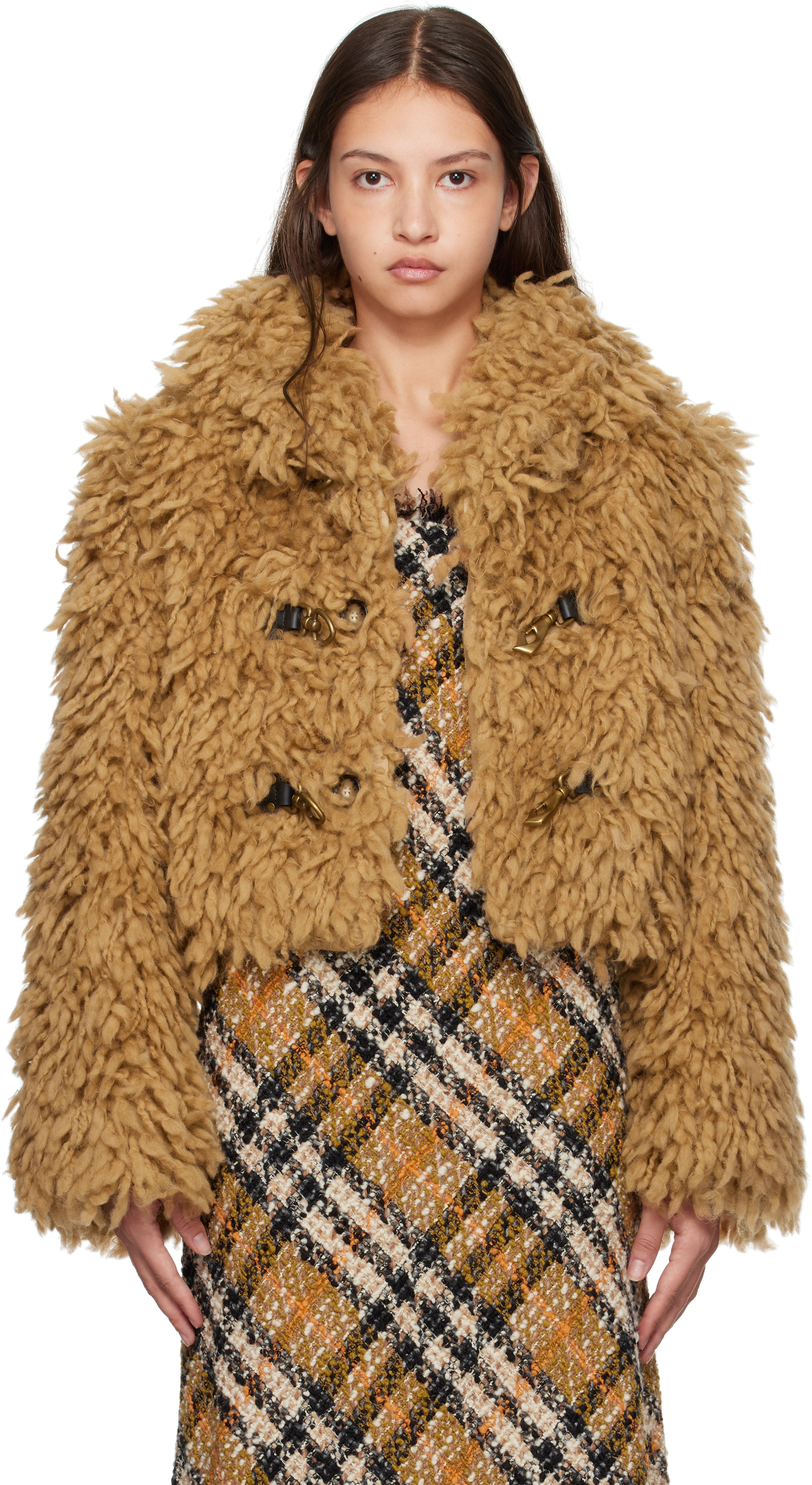 Tan Cropped Wool Blend Fringe Jacket