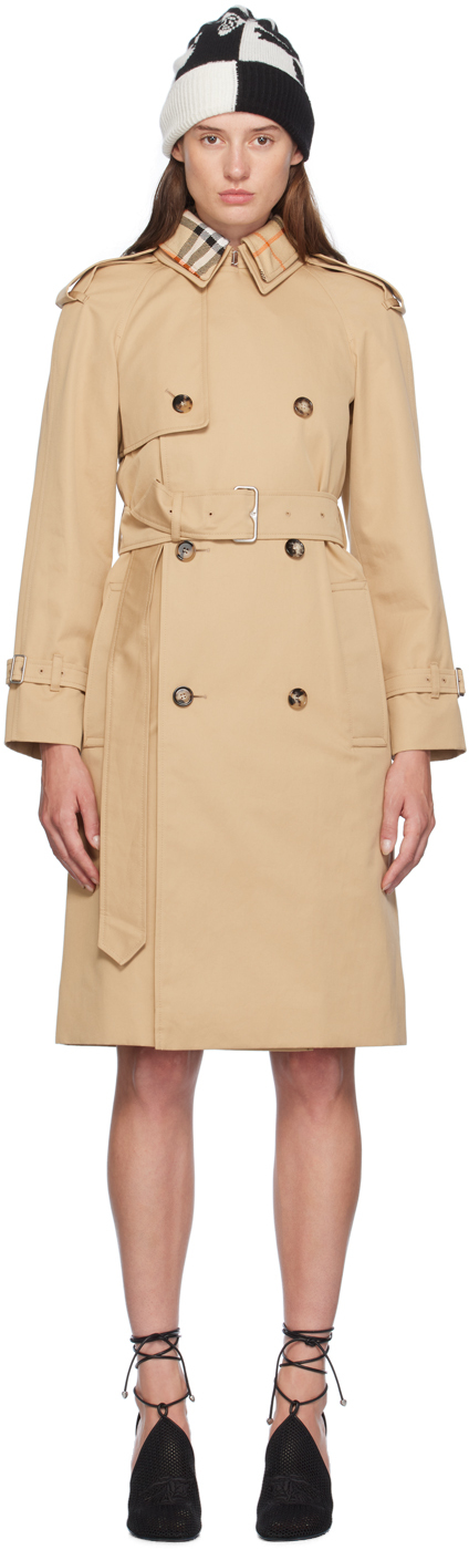 Beige Vintage Check Collar Trench Coat