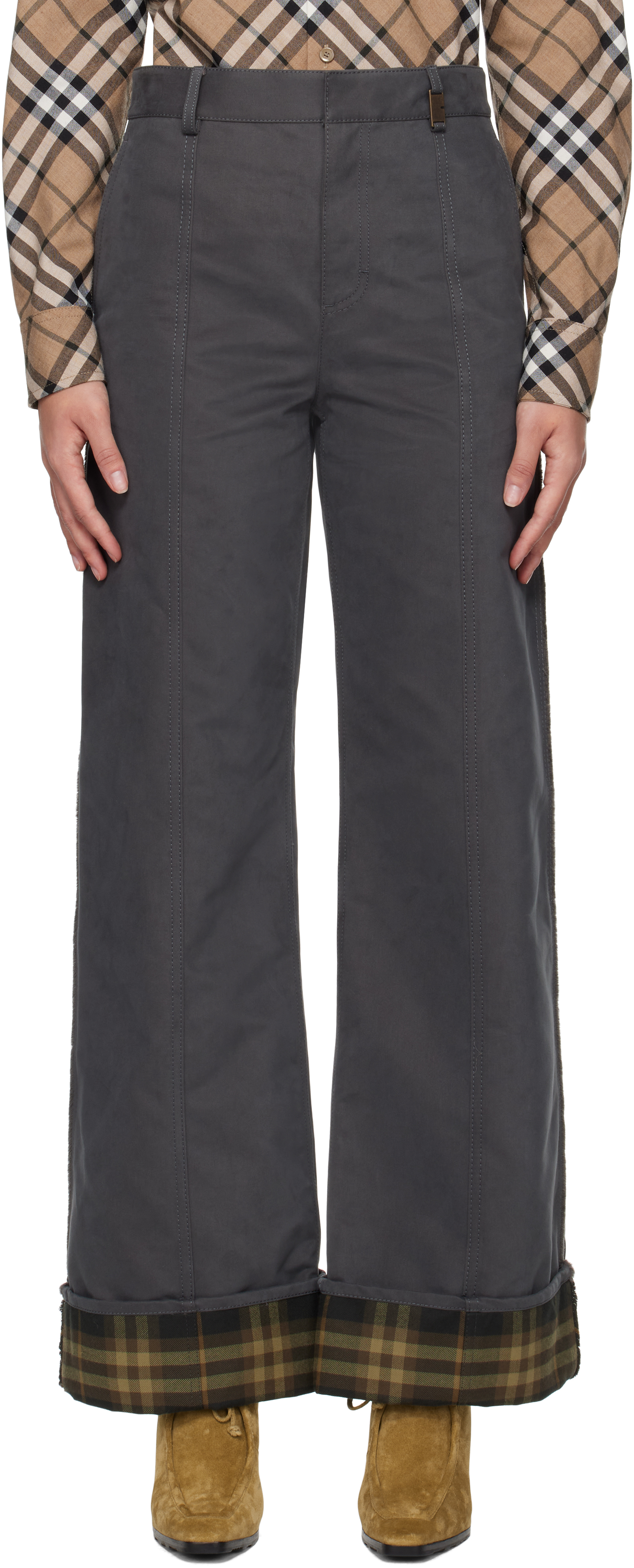 【関税＆送料込み】Burberry Grey Nylon Blend Trousers Burberry: Gray Cotton Nylon Trousers | SSENSE