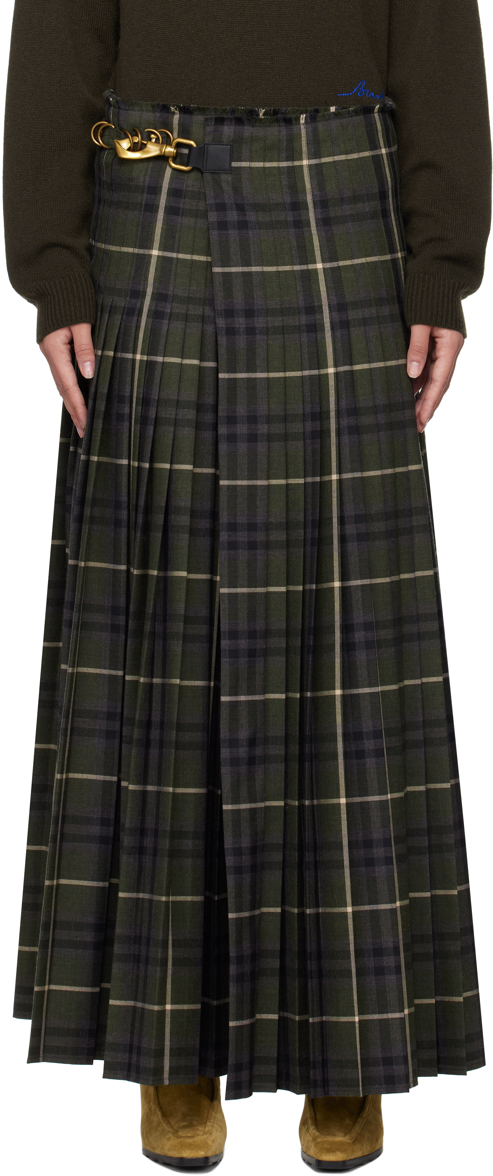 Green Check Wool Blend Maxi Skirt