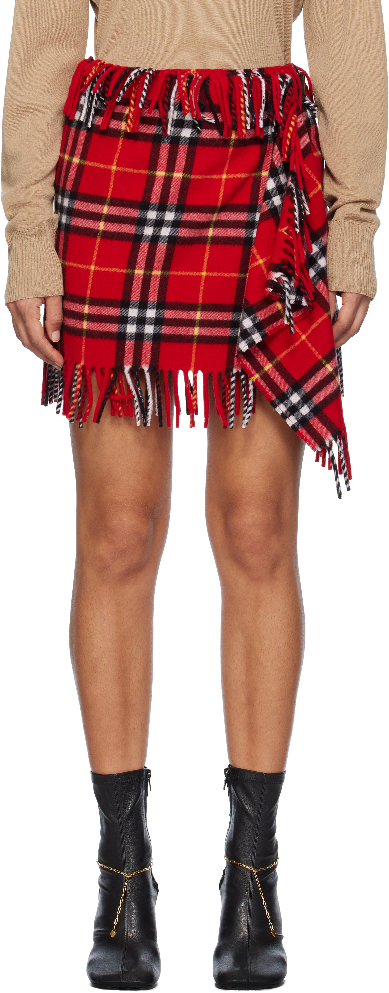 Red Check Wool Cashmere Scarf Miniskirt