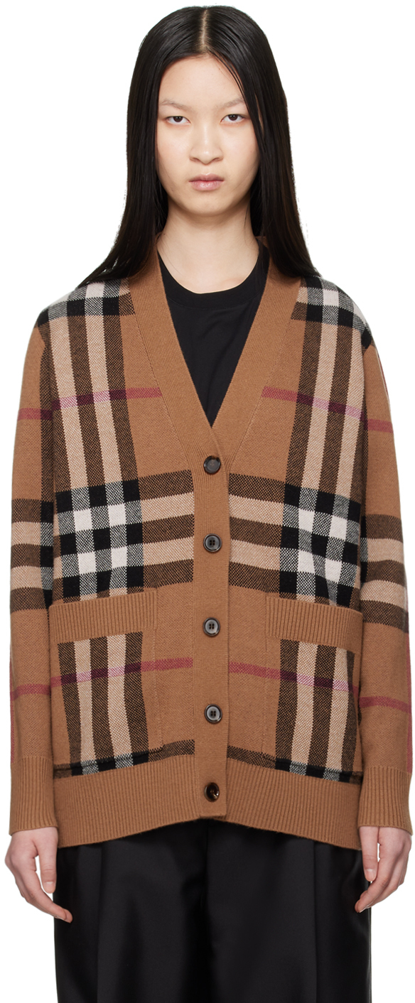 Shop Burberry Brown Check Cardigan In A8773 Birch Brown