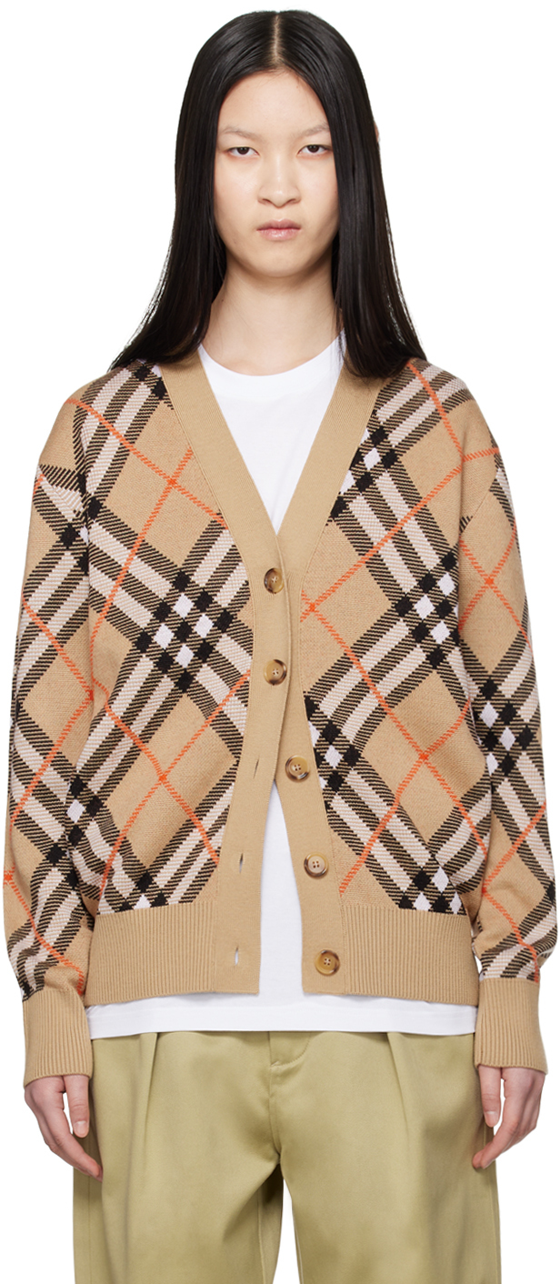 Shop Burberry Beige Check Cardigan In B9368 Sand Ip Check