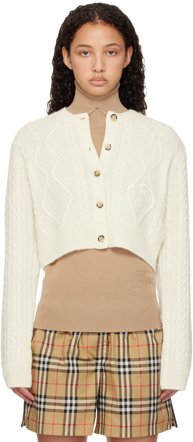 Shop Burberry Off-white Cropped Aran Wool Blend Cardigan In Snow