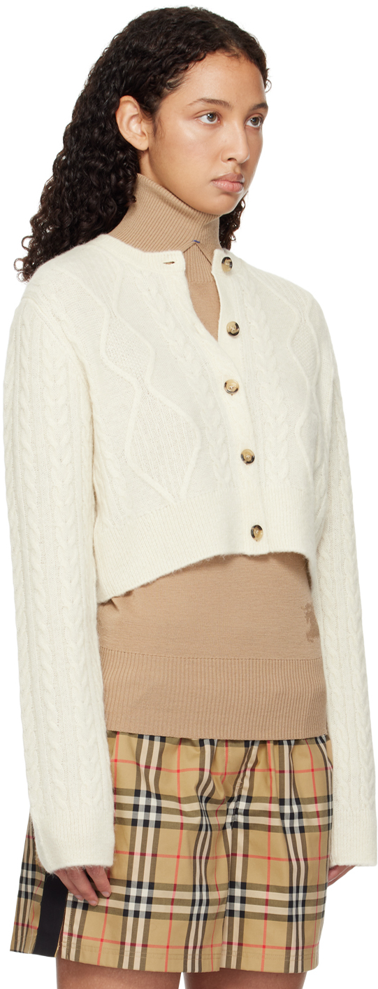 Shop Burberry Off-white Cropped Aran Wool Blend Cardigan In Snow