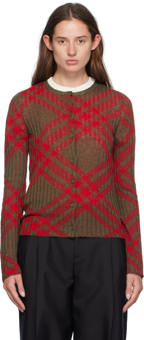 Shop Burberry Red & Brown Check Cardigan In C1205 Loch Ip Check