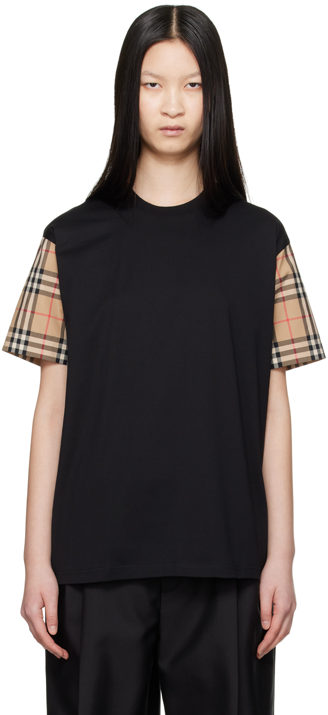 Shop Burberry Black Check Sleeve T-shirt In A1189 Black