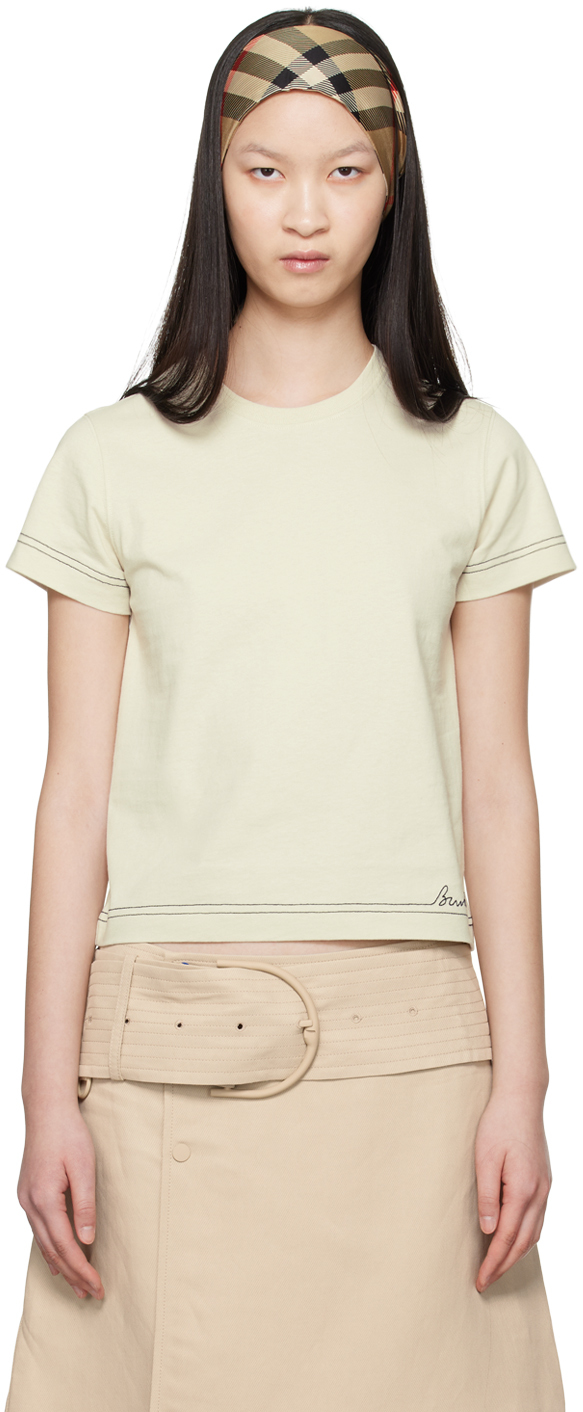 Beige Embroidered Logo T-Shirt by Burberry on Sale
