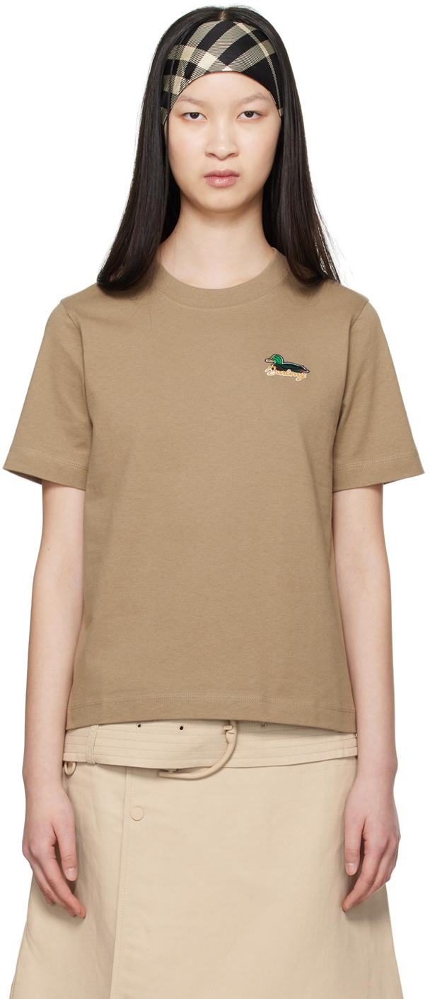 Shop Burberry Taupe Embroidered T-shirt In C1167 Linden