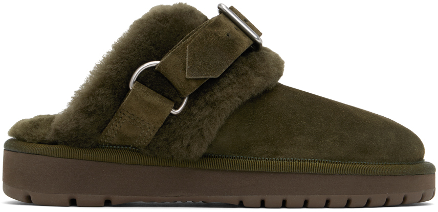 Shop Burberry Green Suede & Shearling Chubby Slippers In Loch