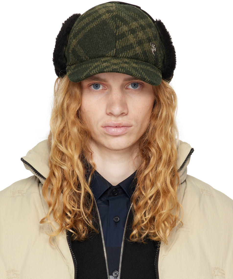 Shop Burberry Green Shearling Trim Corduroy Trapper Cap In Root Ip Check