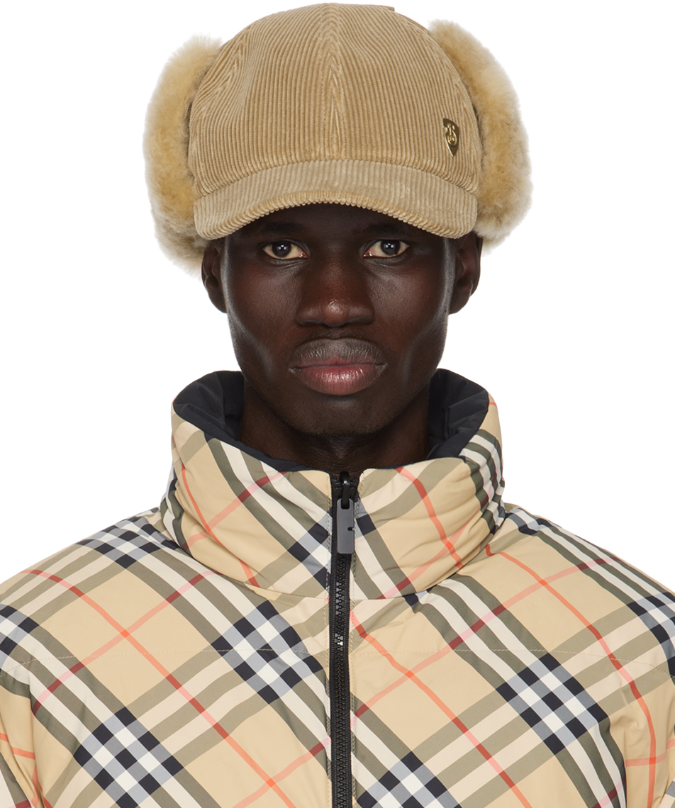 Shop Burberry Beige Shearling Trim Corduroy Trapper Cap In Teddy