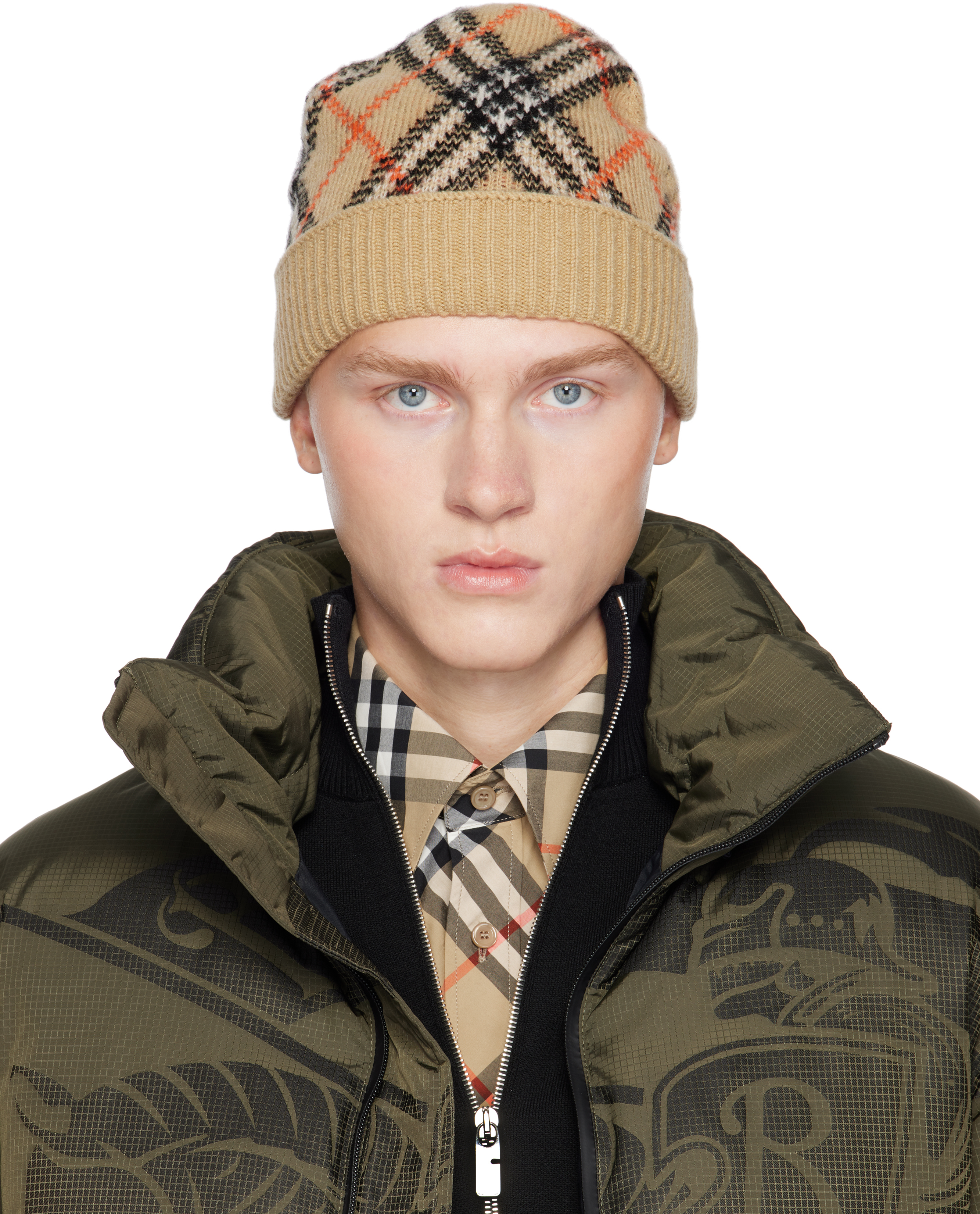 Burberry Beige Check Cashmere Beanie In Sand