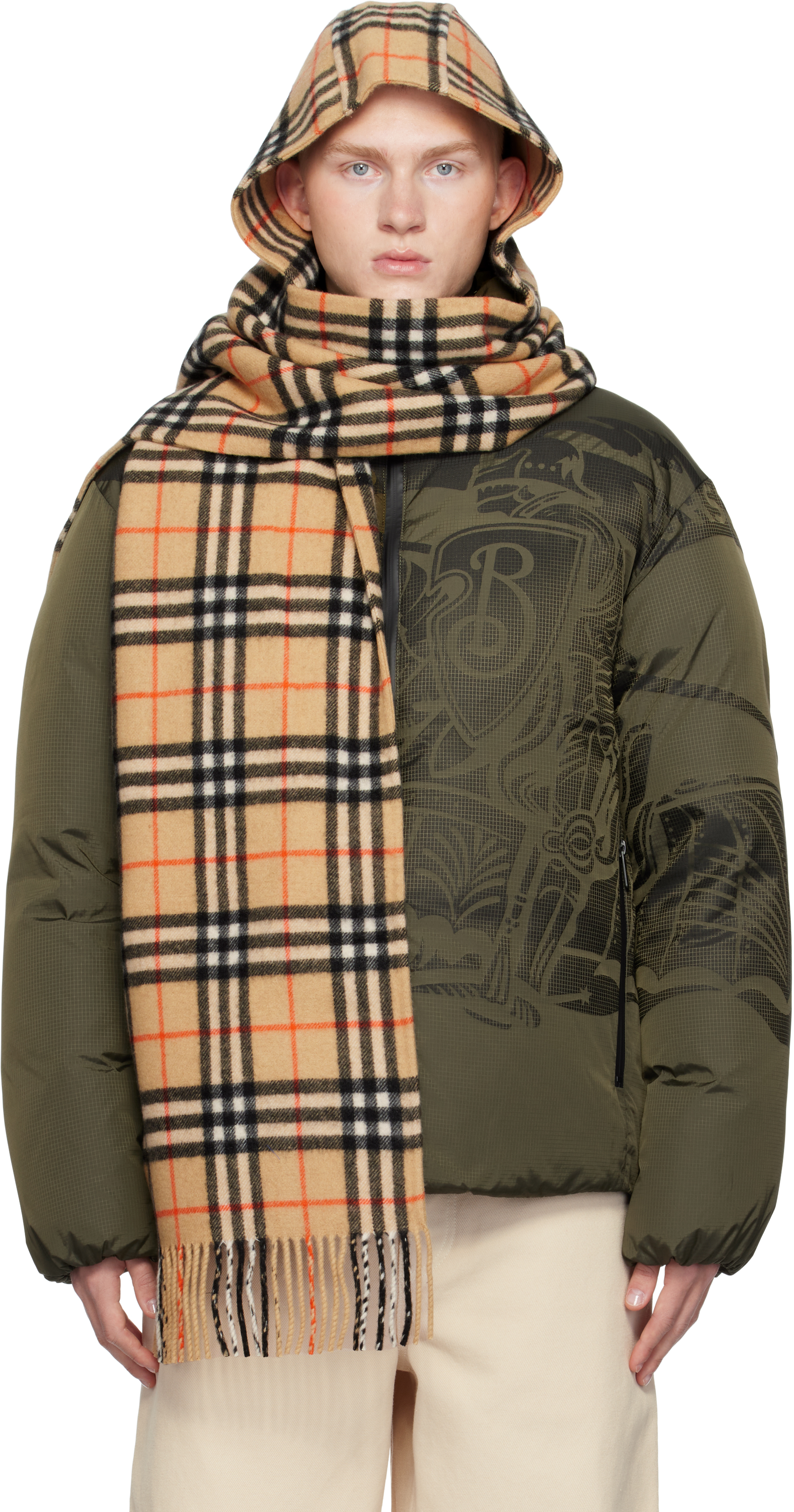 Shop Burberry Beige Check Cashmere Hooded Scarf In Sand