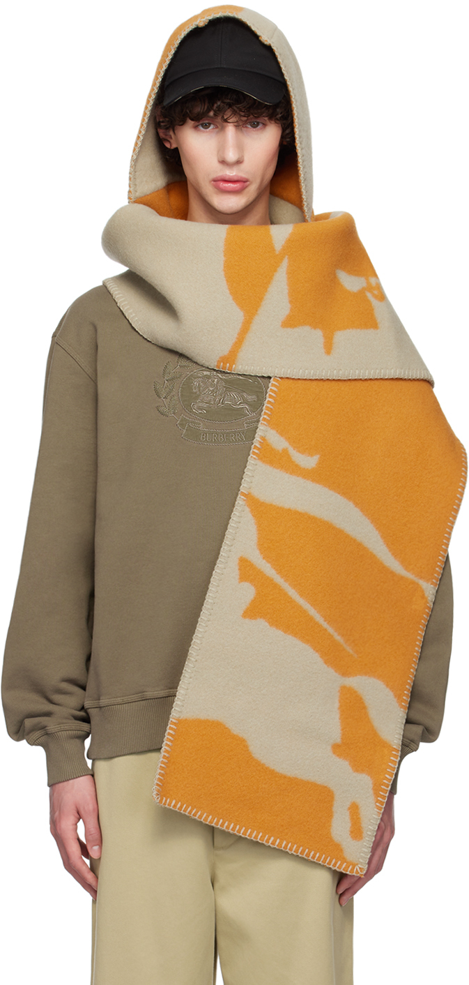 Burberry: Orange & Taupe EKD Wool Hooded Scarf | SSENSE