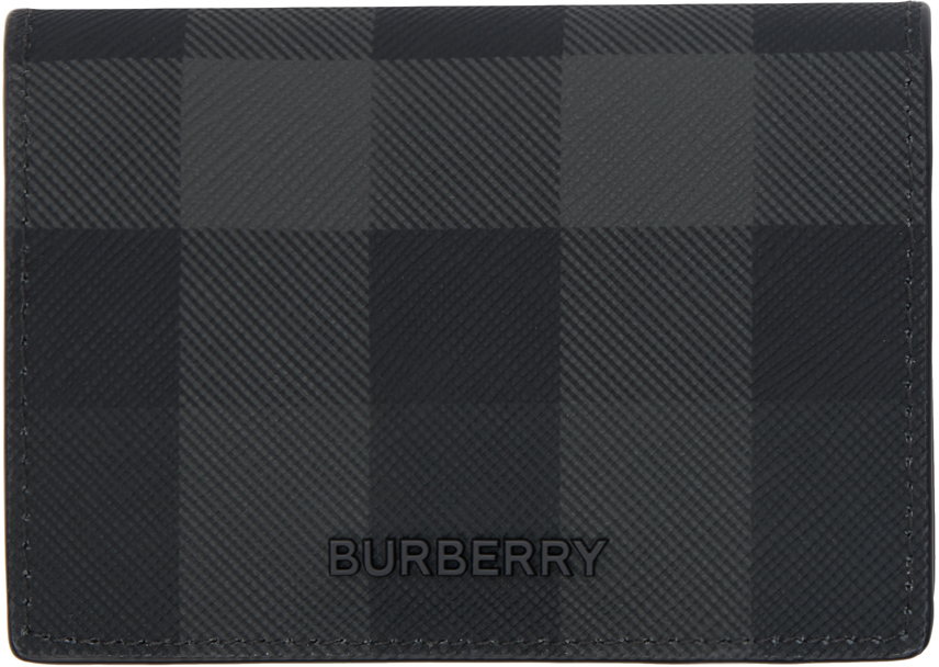 Shop Burberry ブラック チェック＆レザー 二つ折りカードケース In Charcoal