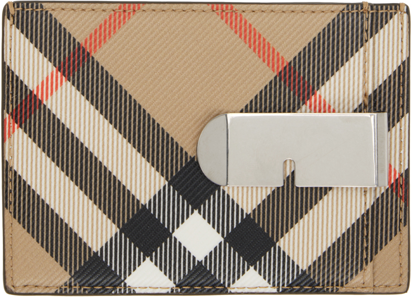 Beige Check Clip Card Holder