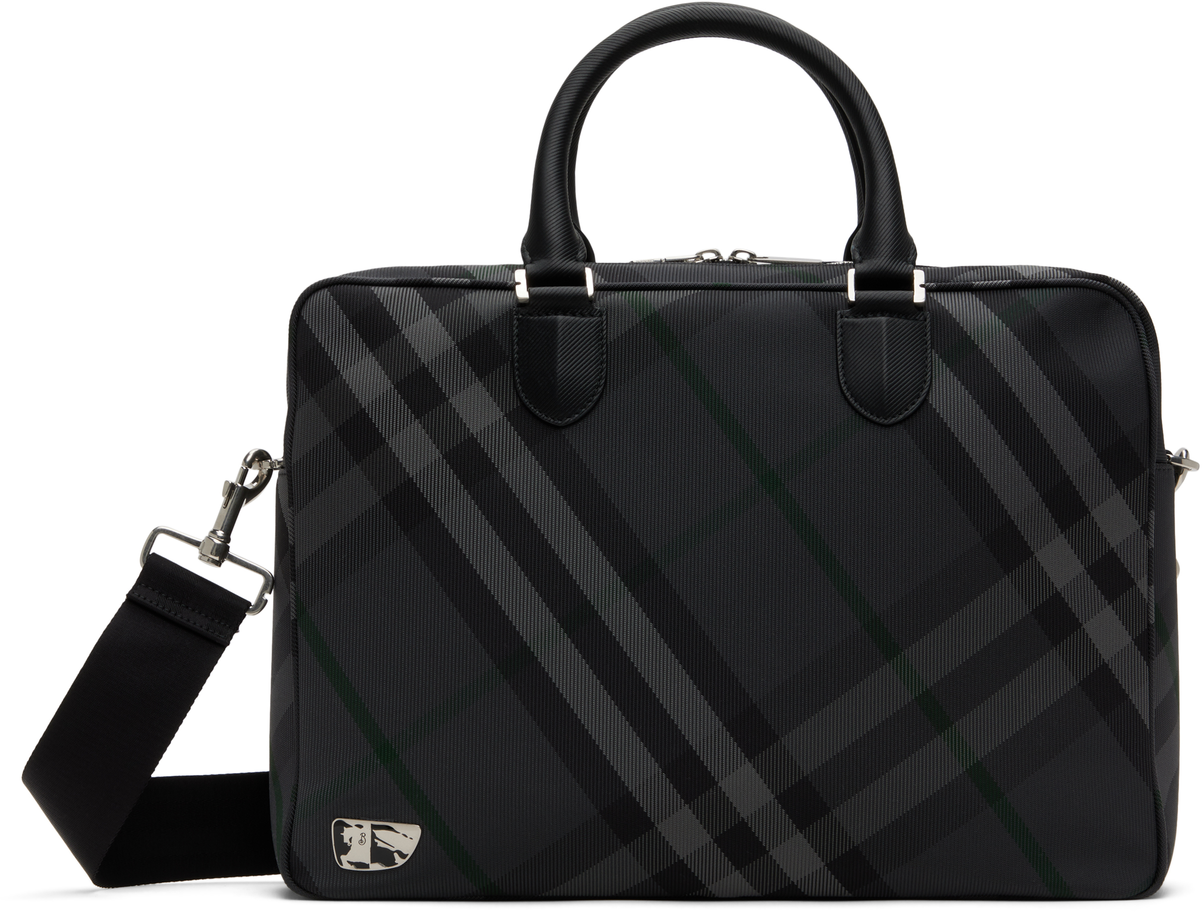 Shop Burberry Gray Grid Check Briefcase In Charcoal